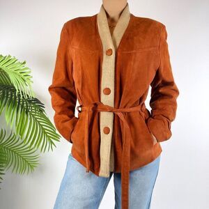 Vintage 70s Rare Indie Retro Orange Boho Western Belted Suede Jacket / S/M